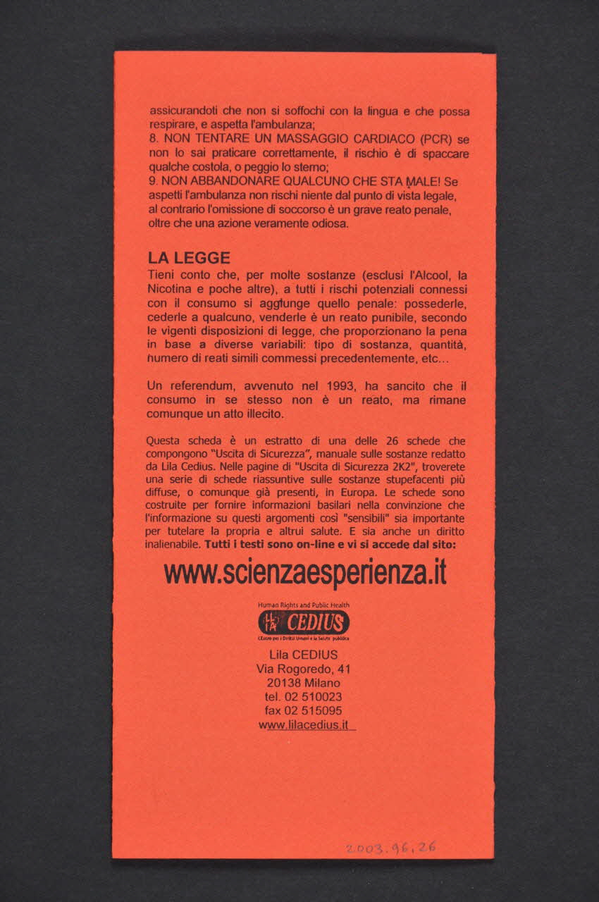 Dépliant "Uscita di sicurezza 2K2. Informare sulle sostanze per tutelare la salute / Ecstasy 2003.96.26 Photo Mucem