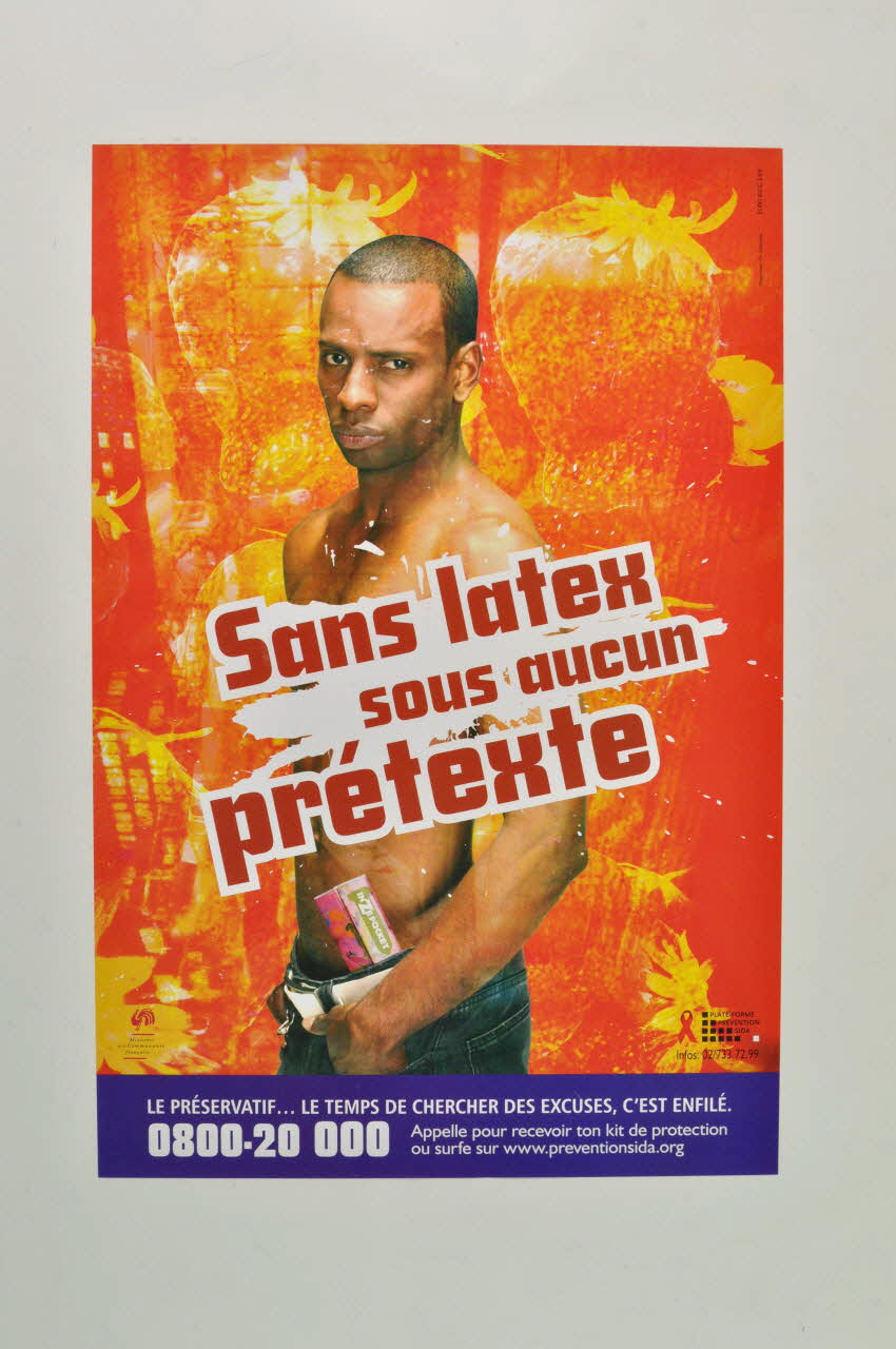 Plateforme Prévention Sida affiche "Sans latex, sous aucun prétexte" (homme noir, bandeau violet) Belgique 2005 2005.99.2 Photo Mucem