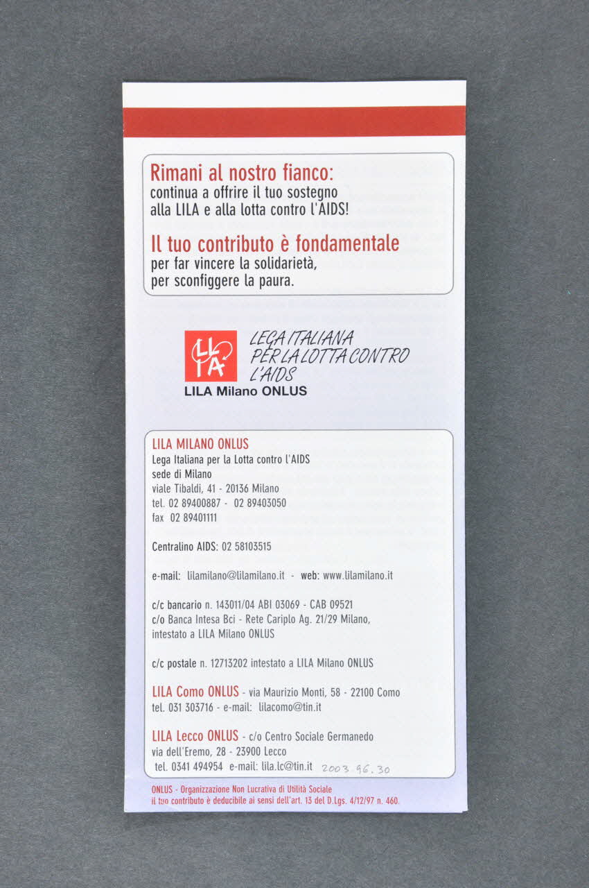 Dépliant "AIDS : Oggi diciamo Pasta ! Informazione e prevenzione. Le nostre ricette" (Sida. aujourd'hui, nous disons : des pâtes ! Information et prévention. Nos recettes.) Italie 2002 2003.96.30 Photo Mucem