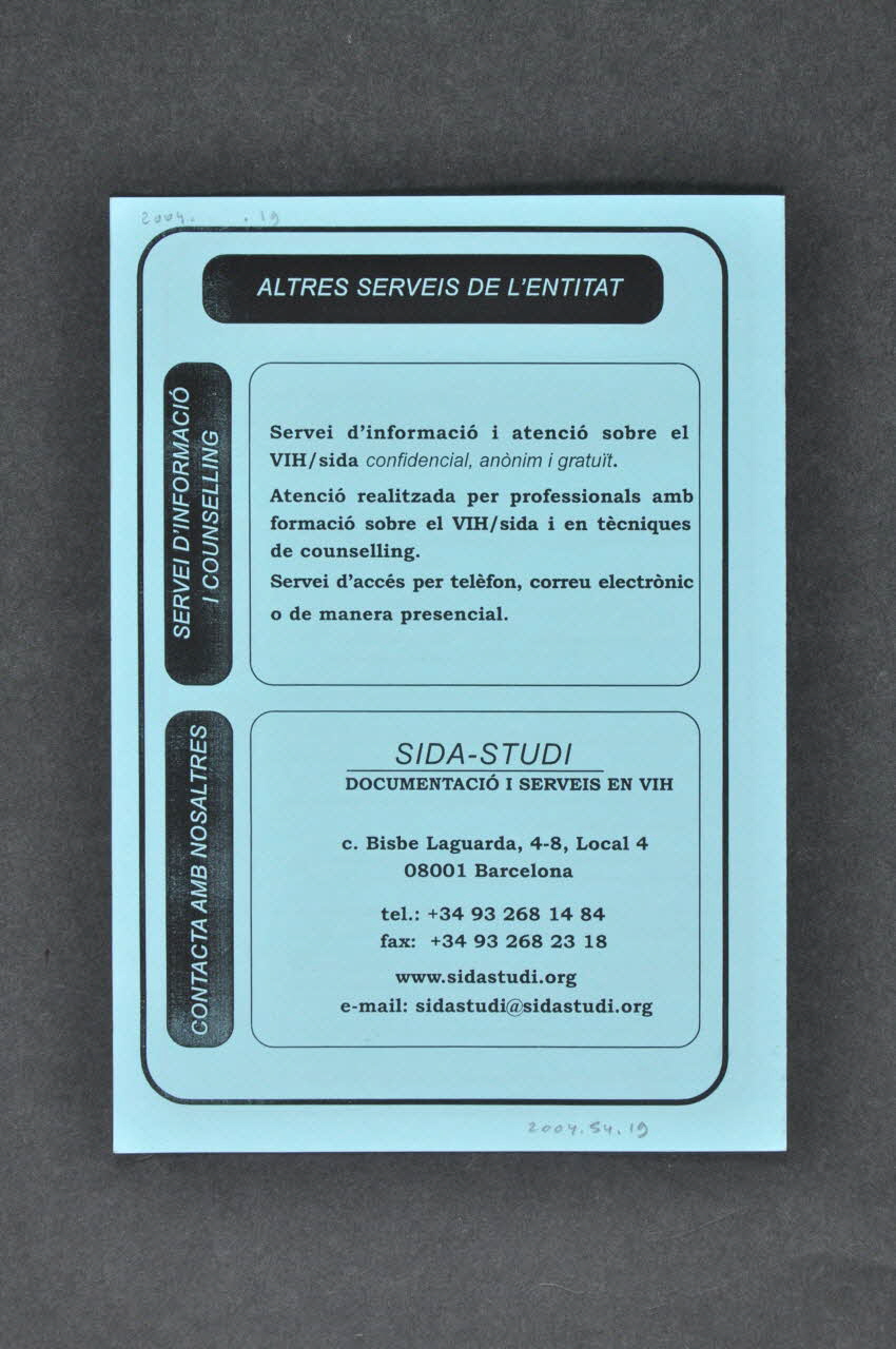 Sida Studi Dépliant "Sida-studi Documentacio i serveis en VIH" (Sida-studi. Documentation et services sur le VIH) Espagne 2004 2004.54.19 Photo Mucem