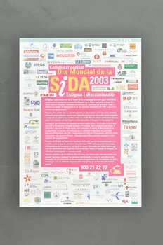 Collectif interassociatif :  AIDES Ile-de-France, Arcat-sida, CRIPS Ile-de-France, Dessine-moi un mouton, Patchwork des Noms , Sida Info Service, Sol En Si, Solidarité Sida, UNALS. affichette "Comunicat conjunt Dia Mundial de la Sida 2003. Estigma i discriminacio"  (Communiqué commun de la journée mondiale du sida 2003. Stigmatisation et discrimination) Espagne 2003/12 2004.54.20  Photo Mucem