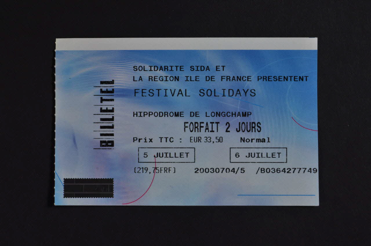 Solidarité Sida / Région Ile De France billet d'entrée Billet d'entrée aux Solidays France 2003 2003.97.10 Photo Mucem