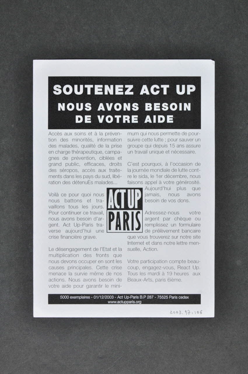 Act Up-Paris tract "Journée mondiale contre le sida : REACTUP" France 2003 2003.97.106 Photo Mucem