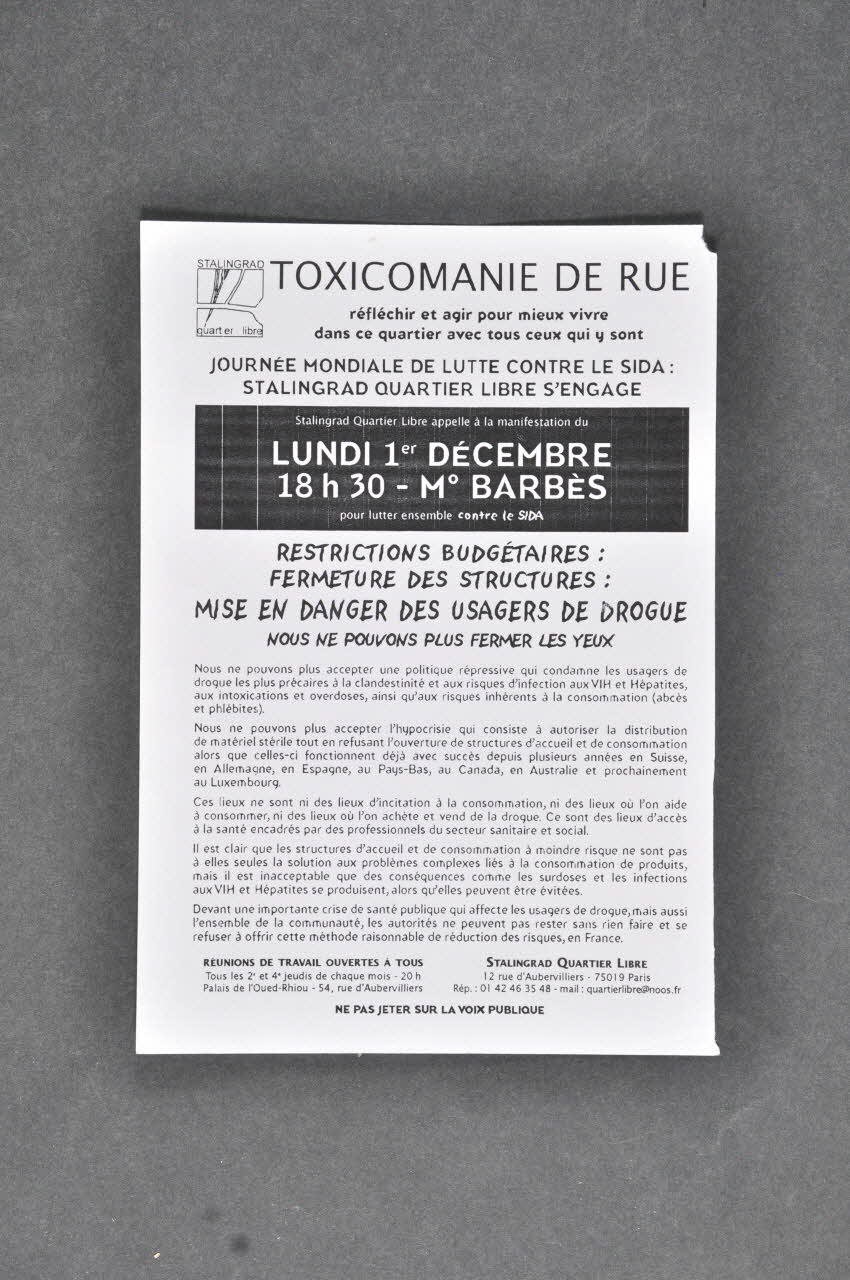 Stalingrad Quartier Libre tract "Toxicomanie de rue. Réfléchir et agir pour mieux vivre dans ce quartier avec tous ceux qui y sont" France 2003 2003.97.107 Photo Mucem