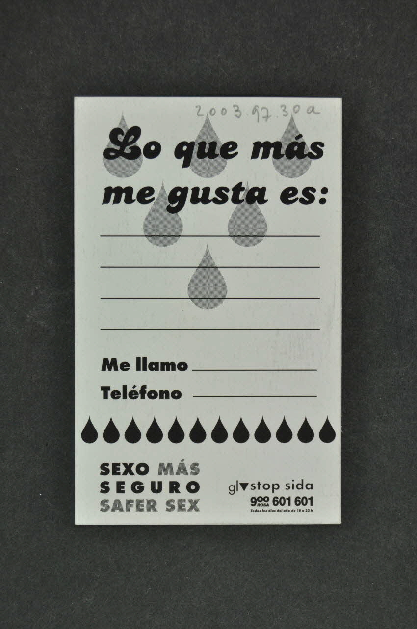 Coordinadora Gai-Lesbiana / Stop Sida carte "Lo que mas me gusta es :  / Sexo mas seguro Safer sex " (Ce qui me plait le plus est.../ Sexe plus sûr Safer sex) Espagne 2002 2003.97.30 Photo Mucem