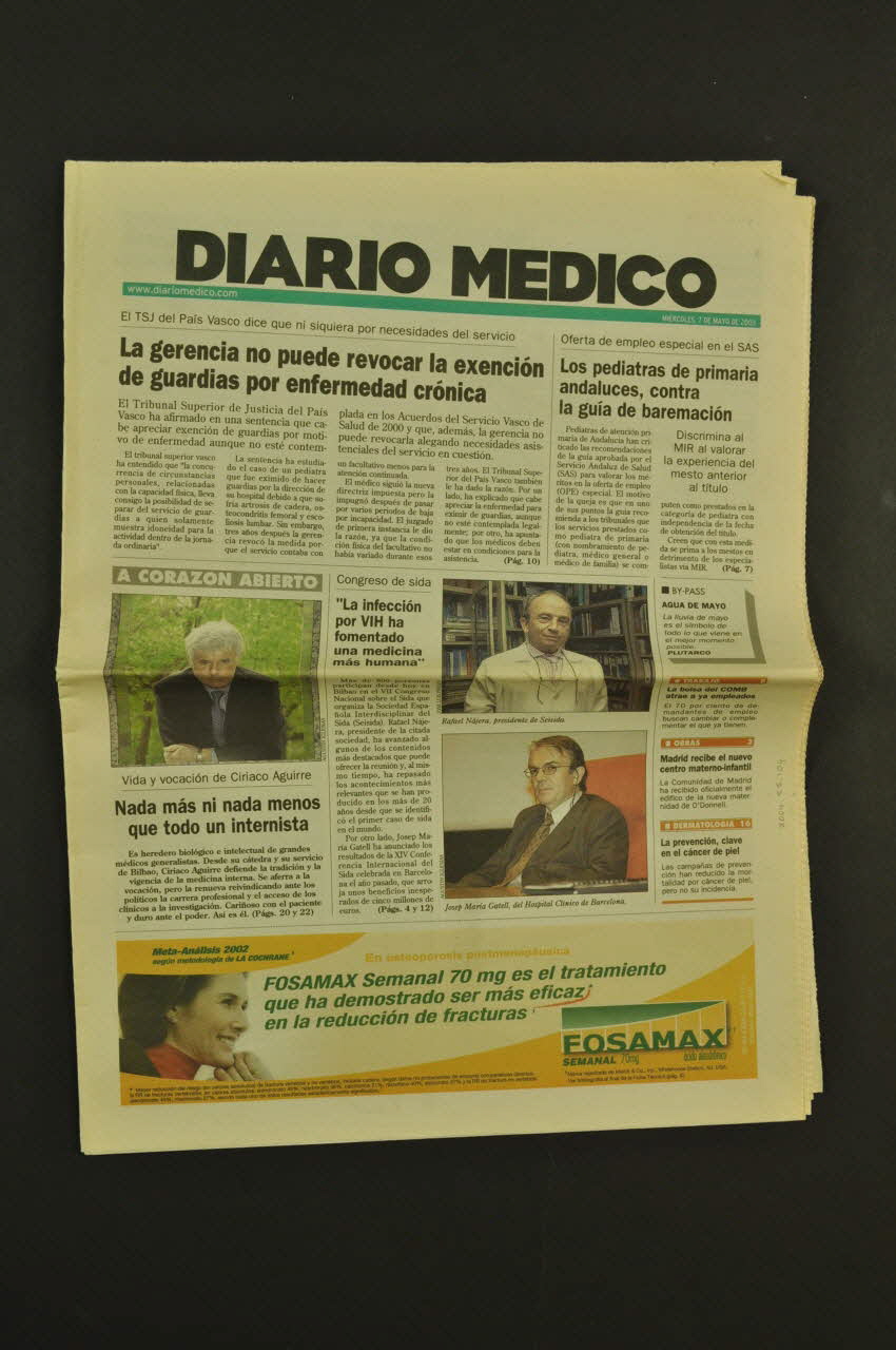 Diario Medico journal "La conferencia internacional del sida de Barcelona dejo beneficios" / El VIH ha fomentado una medicina mas humana y cercana" (La conférence mondiale du sida de Barcelone a laissé des bénéfices. / Le VIH a suscité une médecine plus humaine et proche) Espagne 2003/5/7 2004.55.104.1-4 Photo Mucem