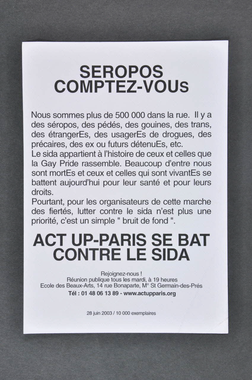 Act Up-Paris tract "Séropos comptez-vous" France 2003/6 2003.97.36 Photo Mucem