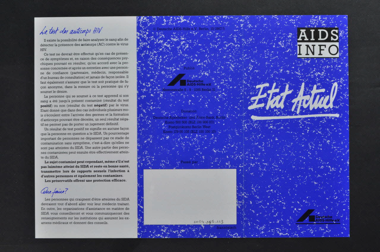 Deutsche Aids-Hilfe Dépliant "AIDS INFO. Etat actuel (en français) Allemagne 1987 2004.55.113 Photo Mucem