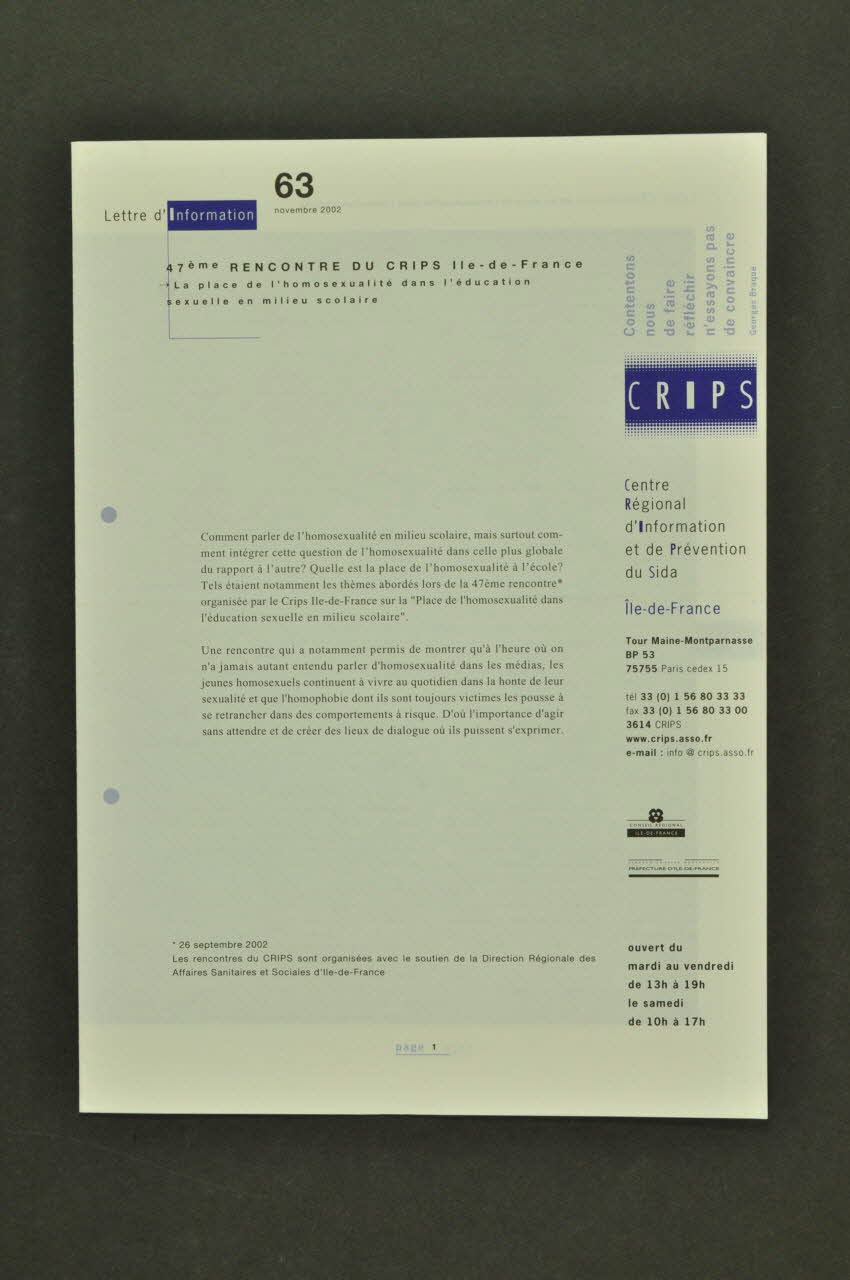 C.R.I.P.S Ile de France Lettre d'information 47° rencontre du CRIPS : "La place de l'homosexualité dans l'éducation sexuelle en milieu scolaire" France 2002/11 2003.97.51 Photo Mucem