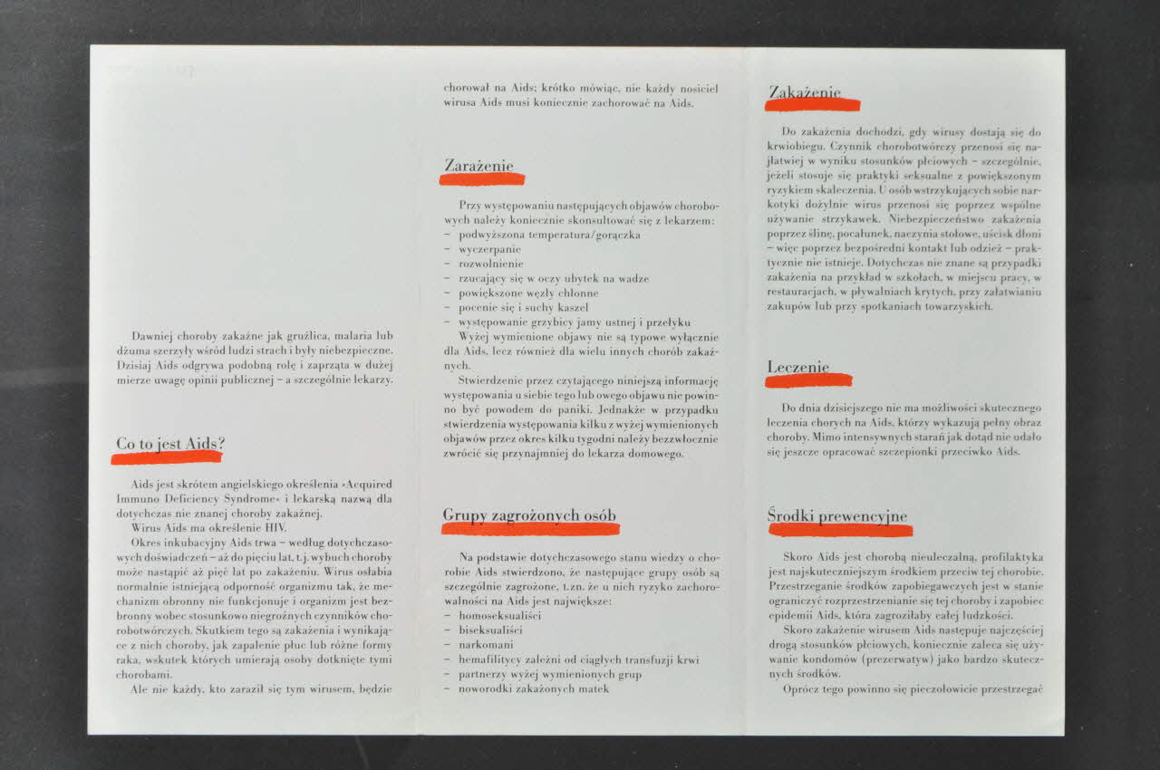 Deutsche Aids-Hilfe Dépliant "AIDS INFO. Dzisiejszy stan wiedzy" (en polonais?) (Etat actuel) Allemagne 1987 2004.55.117 Photo Mucem