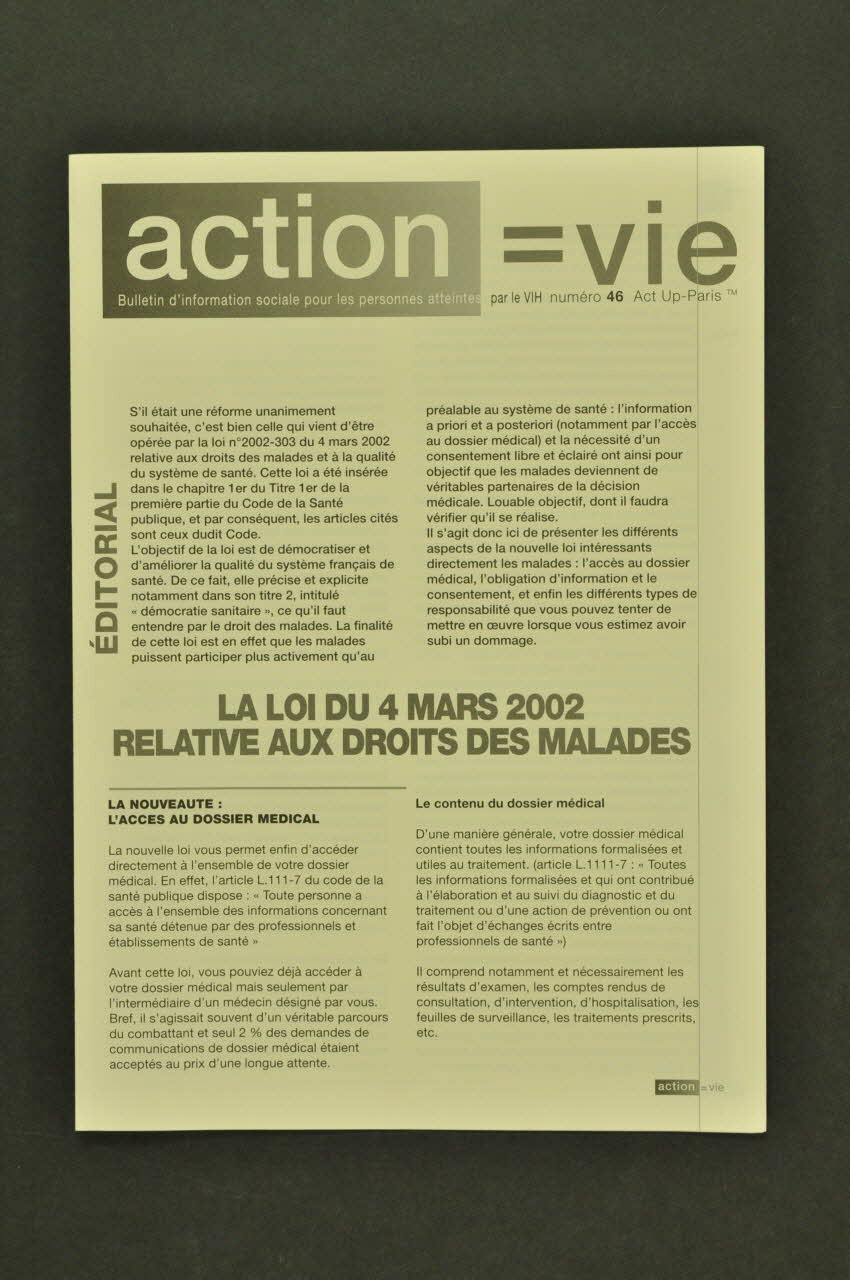 Act Up-Paris Bulletin d'information "Action = vie, n° 46 "La loi du 4 mars 2002 relative aux droits des malades" France 2002/11 2003.97.59 Photo Mucem