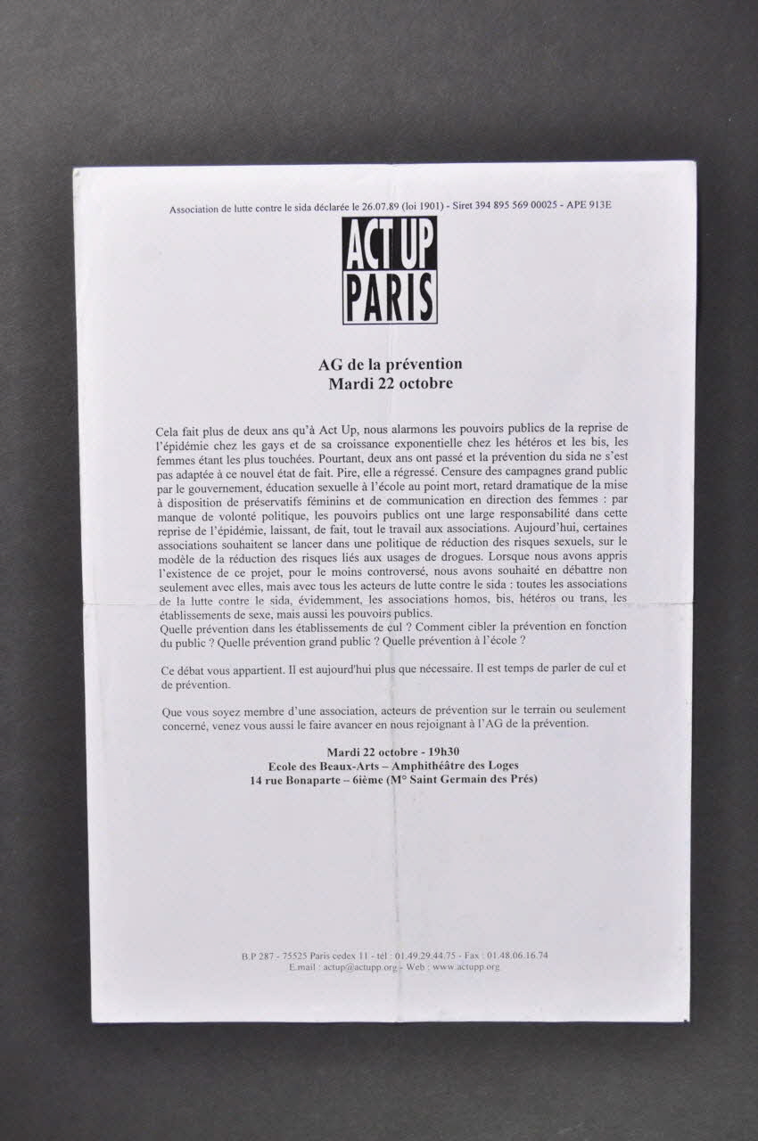 Act Up-Paris tract "AG de la prévention. mardi 22 octobre" France 2002/10 2003.97.60 Photo Mucem