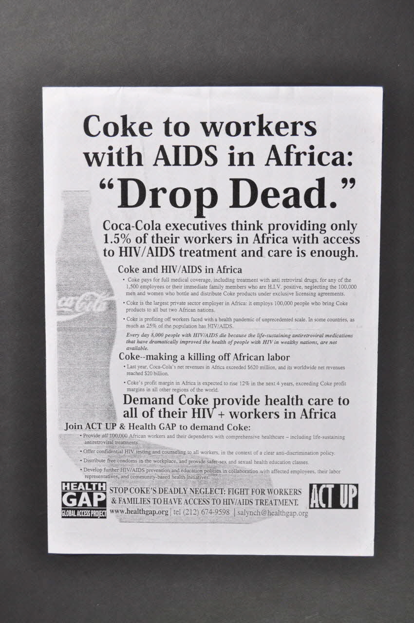 Health Gap, Act Up tract "Coke to workers with AIDS in Africa..." (Coke aux travailleurs malades du sida en Afrique) France 2002/7 2003.97.61 Photo Mucem