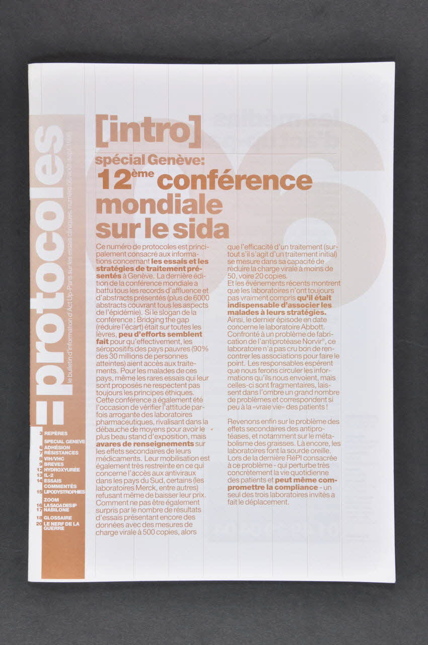 Act Up-Paris Revue associative "Protocoles, aout-sept 1998, n°6 : 12ème conférence mondiale sur le sida" France 1998 2003.97.66 Photo Mucem