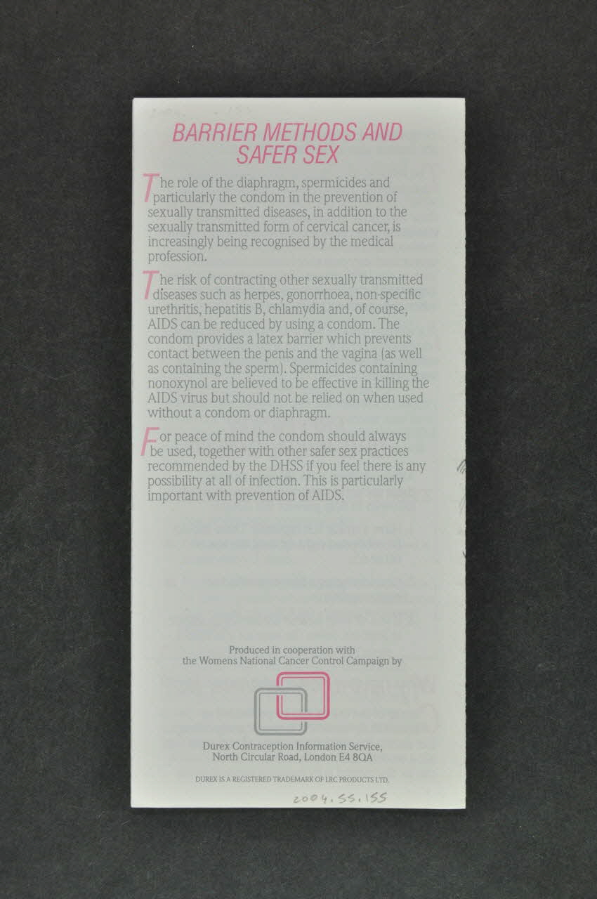 Durex Dépliant "Cervical cancer. It can be avoided" (Cancer du col de l'uterus. Il peut être évité) Grande Bretagne 1988 2004.55.155 Photo Mucem