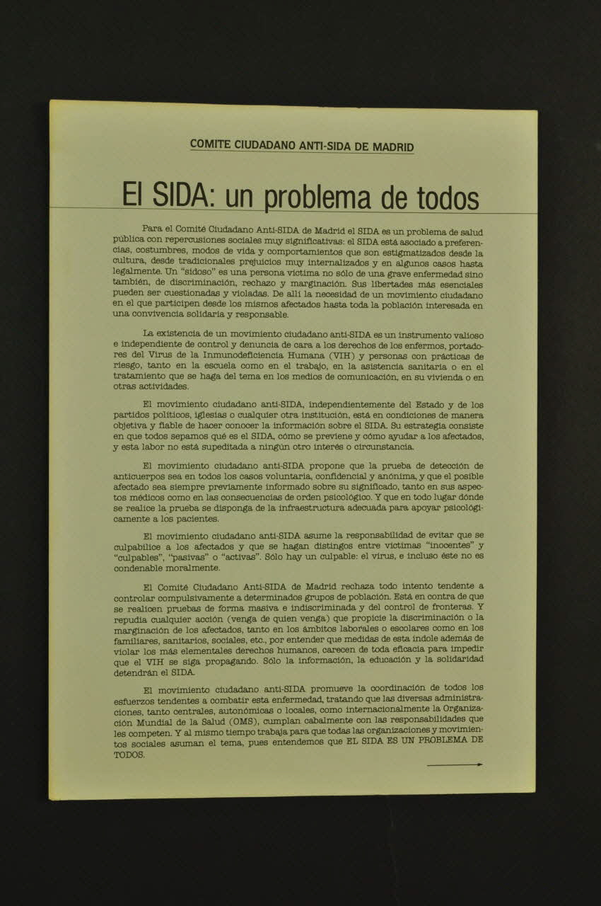 Comite Ciudadano Anti-Sida De Madrid tract "El sida : un problema de todos" (Le sida. Un problème de tous) Espagne 1988 2004.55.158 Photo Mucem