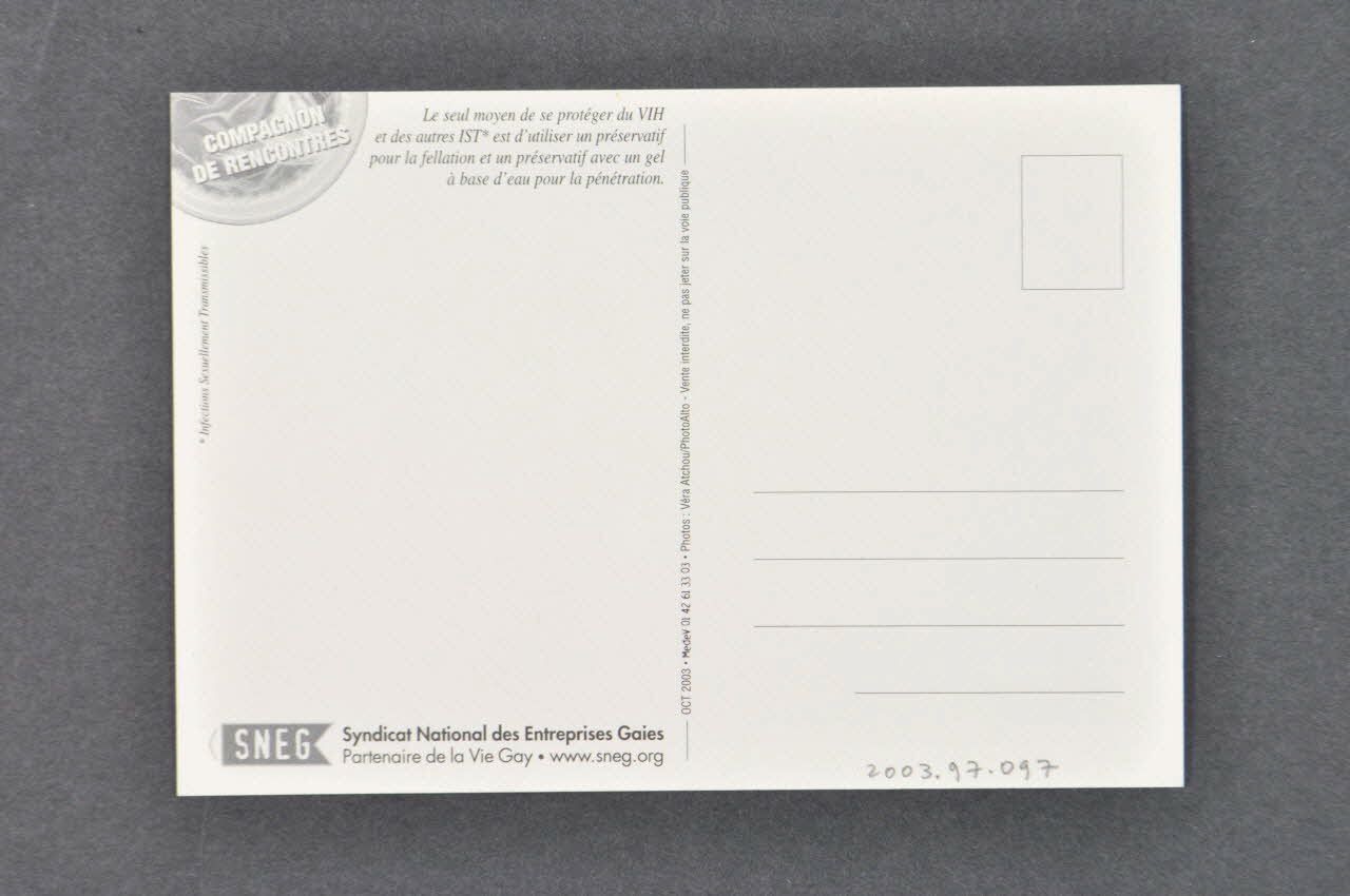 SNEG (Syndicat National des Entreprises Gaies) carte postale "Fantasme n°1 Toujours faire ça à trois" France 2003 2003.97.97 Photo Mucem
