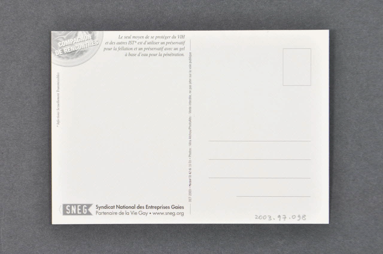 SNEG (Syndicat National des Entreprises Gaies) carte postale "Fantasme n°2  "Le mettre aussi en bouche" France 2003 2003.97.98 Photo Mucem
