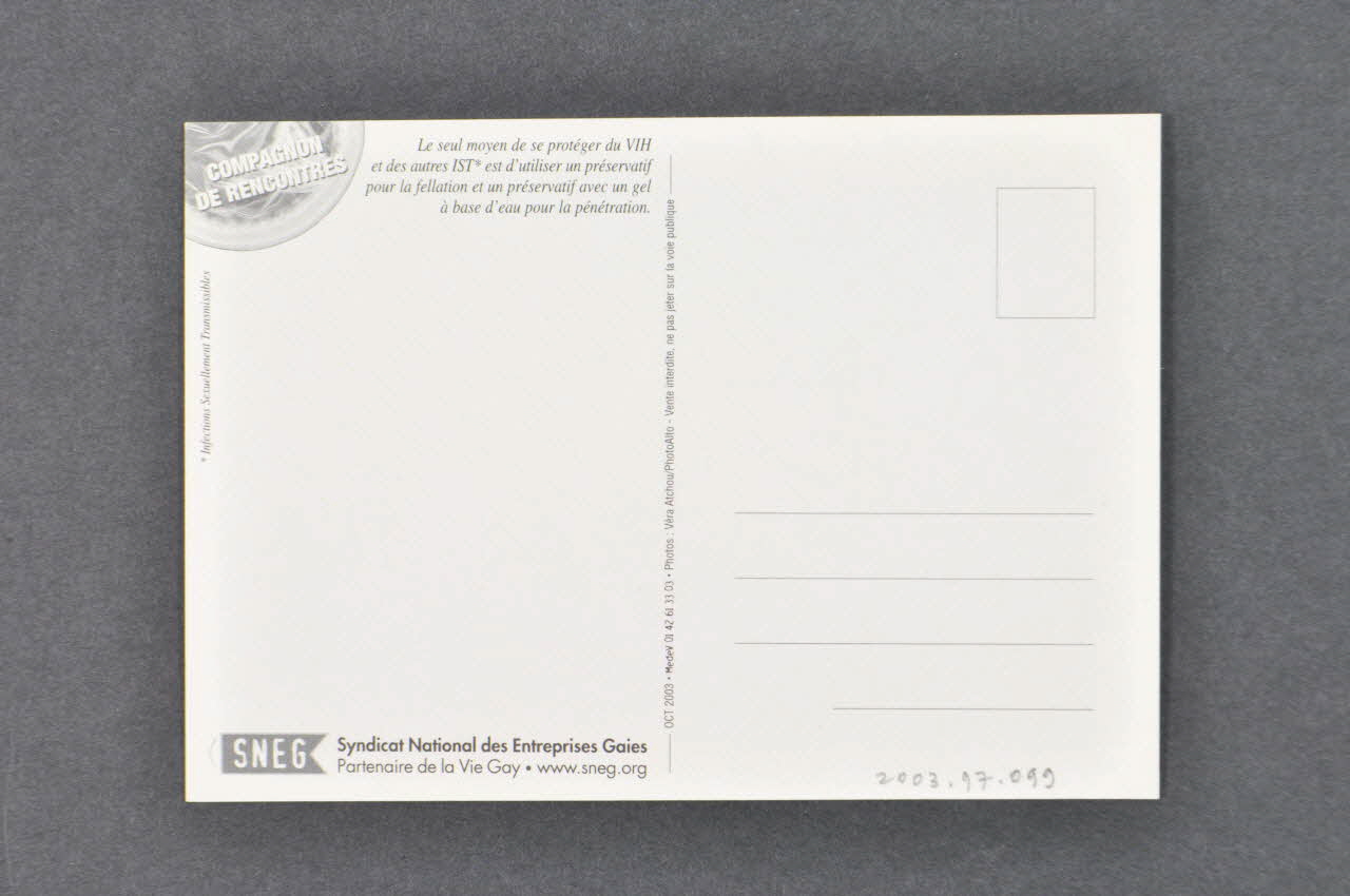 SNEG (Syndicat National des Entreprises Gaies) carte postale "Fantasme n°3  "Bien l'enfiler à chaque fois" France 2003 2003.97.99 Photo Mucem