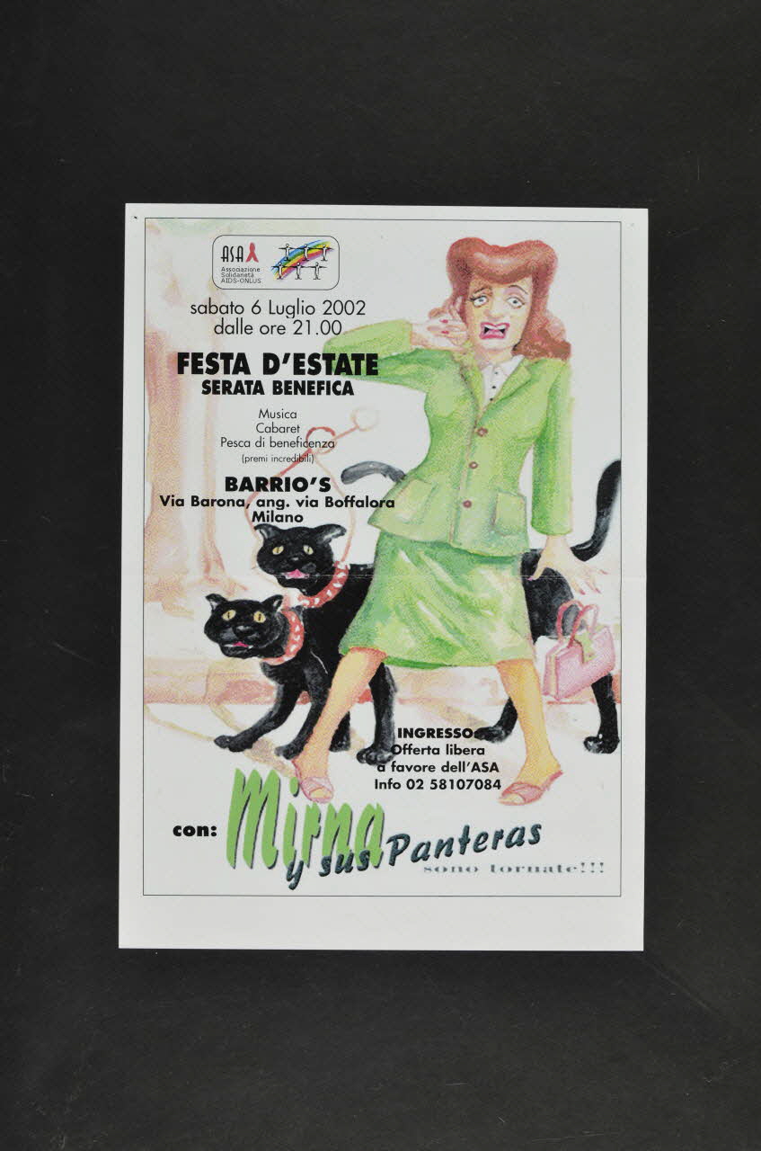 Associazione Solidarieta Aids (ASA) - Milano affichette "Festa d'estate. Serata Beneficia. con Mirrna y sus Panteras" (Fête d'été. Soirée de bienfaisance avec Mirma et ses panthères) Italie 2002 2003.98.18 Photo Mucem