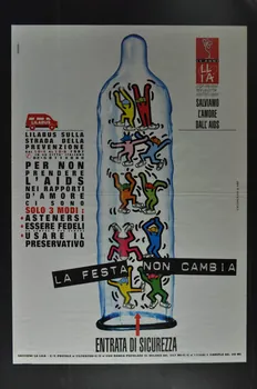 affiche "Lilabus sulla strada della prevenzione... Per non prendere l'AIDS nei rapporti d'amore ci sono 3 modi : astenersi ; essere fedeli da sempre e per sempre ; usare il preservativo" (Lilabus sur la route de la prévention. .. Pour ne pas attraper le sida dans les rapports amoureux, il n'y a que trois façons : s'abstenir, être fidèle depuis toujours et pour toujours, utiliser le préservatif) / La festa non cambia (La fête ne change pas) Italie 1997 2003.98.4  Photo Mucem