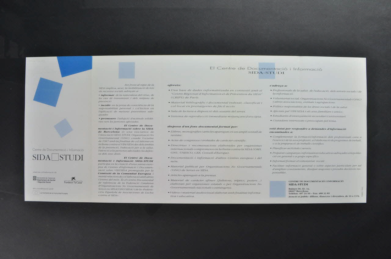 Sida Studi Dépliant "Centro de Documentacion e informacion Sida Studi" (Centre de documentation et d'information Sida Studi) Espagne 1988 2004.55.188 Photo Mucem