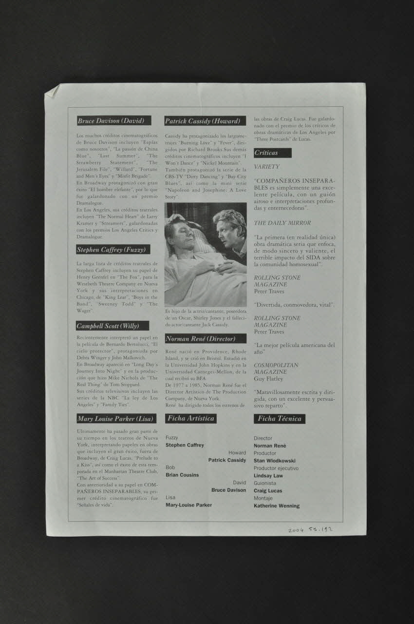 Claqieta prospectus "Companeros inseparables" (Compagnons inséparables) (Longtime Companion) Espagne 1988 2004.55.192 Photo Mucem