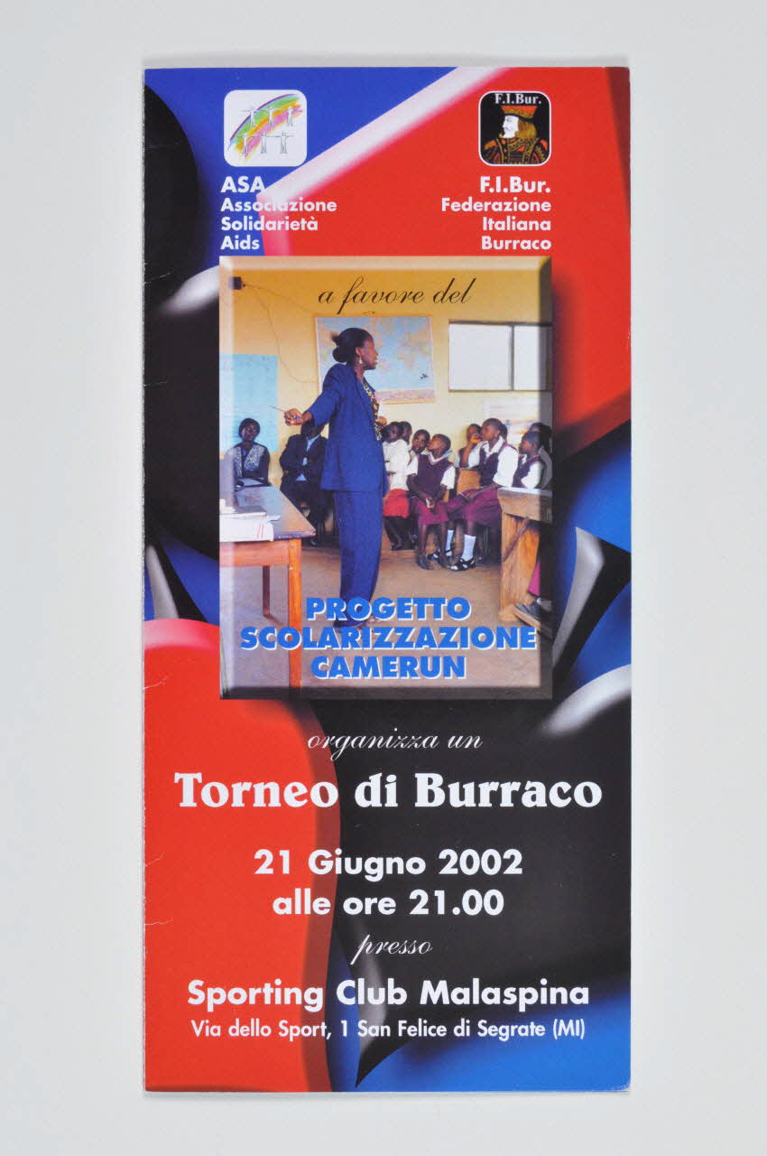 Associazione Solidarieta Aids (ASA) - Milano Dépliant "Torneo di Burraco. Progetto scolarizzazione Camerun" (Tournée de ???. Projet de scolarisation au Cameroun) Italie 2002/6/21 2003.98.49 Photo Mucem