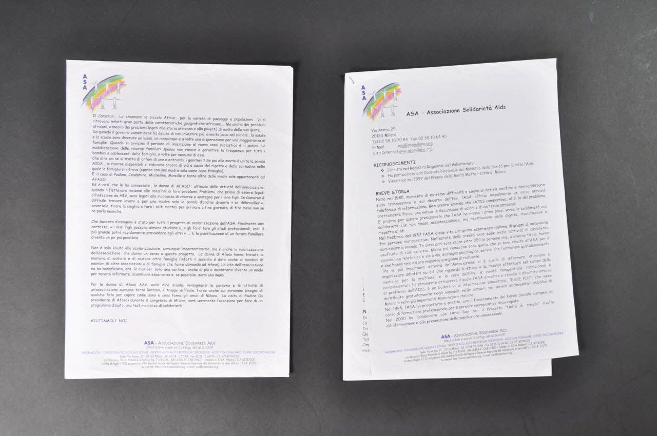 Associazione Solidarieta Aids (ASA) Feuille informative Feuille de présentation de l'association Italie 2003 2003.98.50.1-2 Photo Mucem