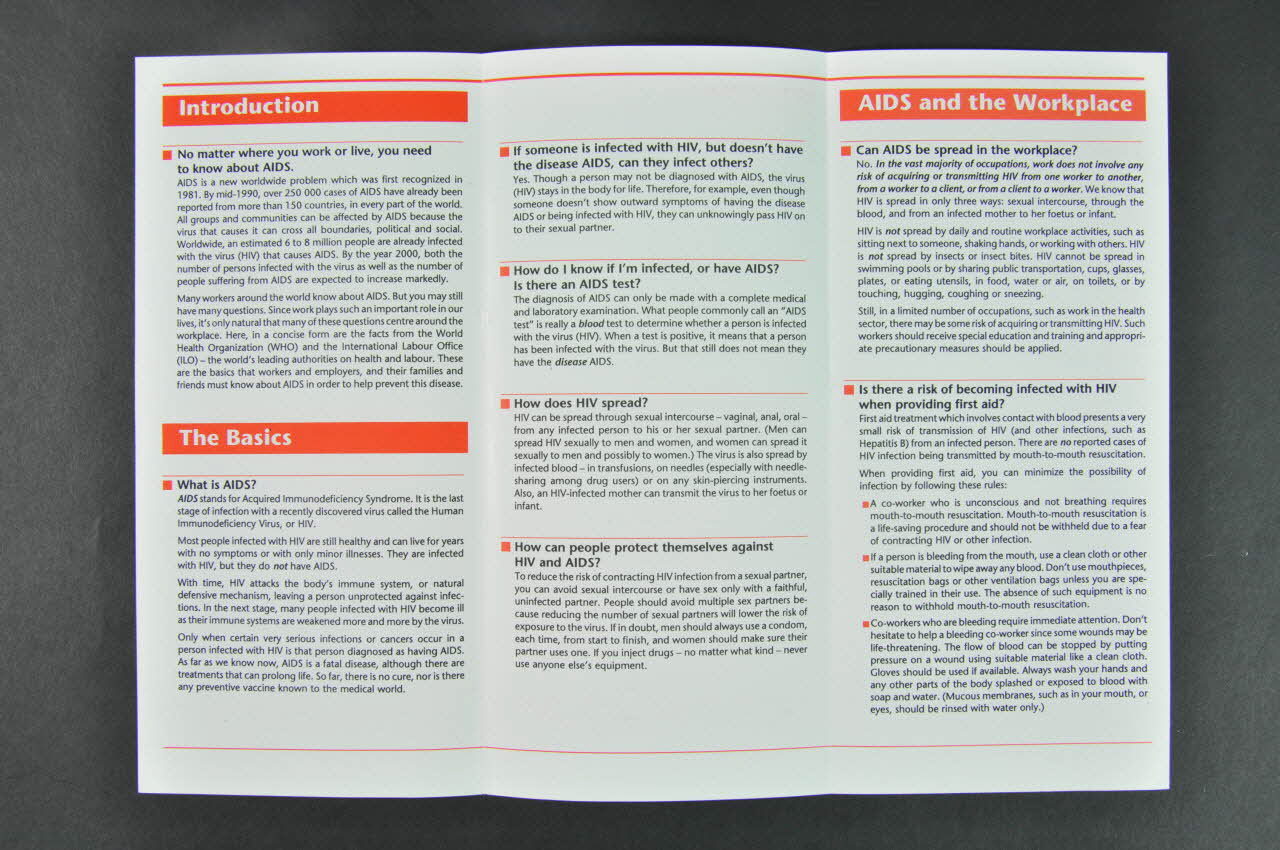 Oms, Bit Dépliant "AIDS and the work place" (Sida et lieu de travail) International 1990 2004.55.206.1 Photo Mucem