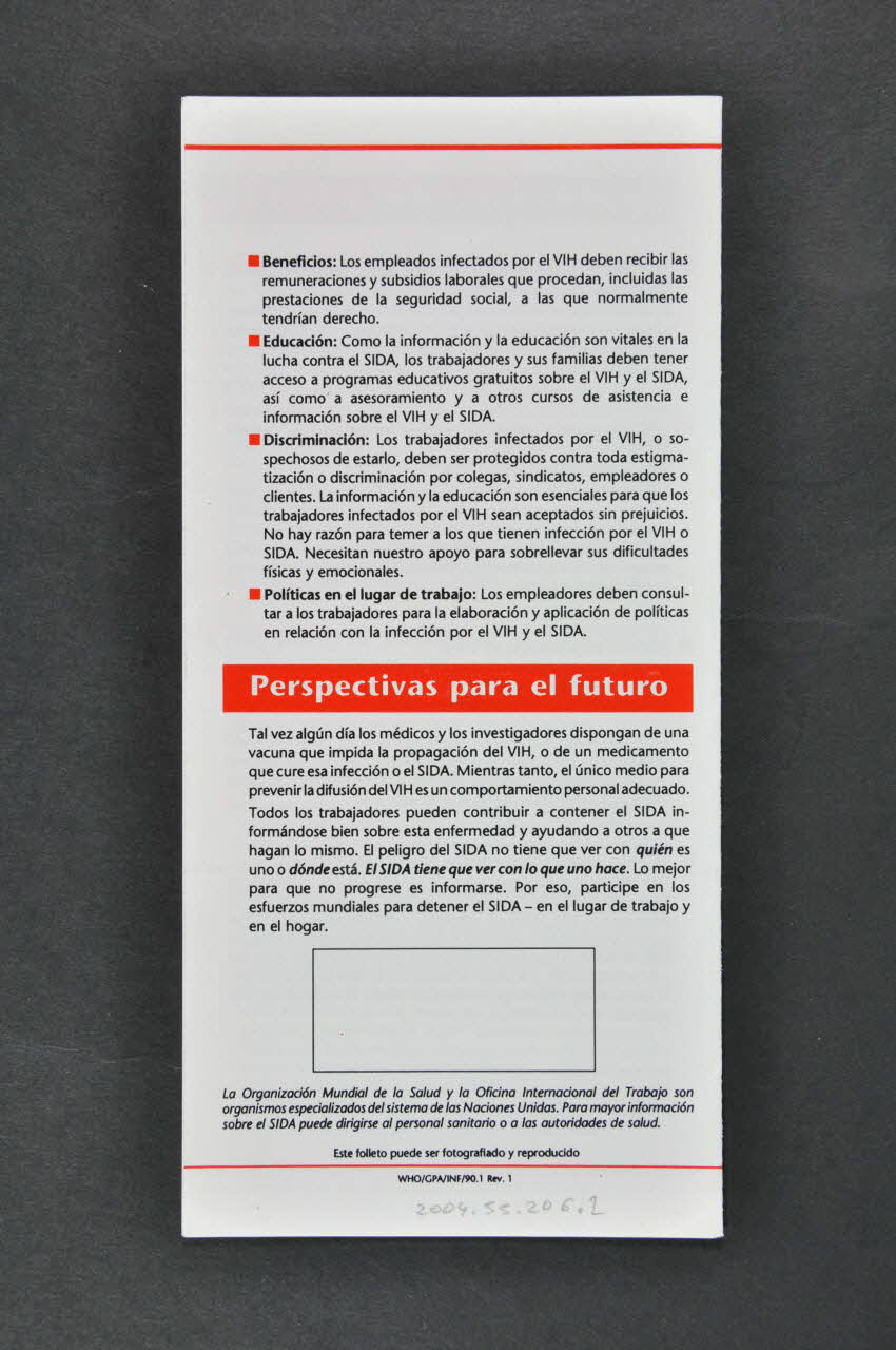 Oms, Bit Dépliant "El Sida y el lugar de trabajo" International 1990 2004.55.206.2 Photo Mucem