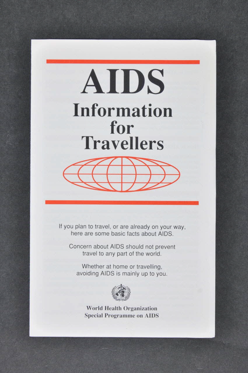 Oms Dépliant "AIDS Information for travellers" (Sida. Information pour les voyageurs) International 1987/11 2004.55.212 Photo Mucem