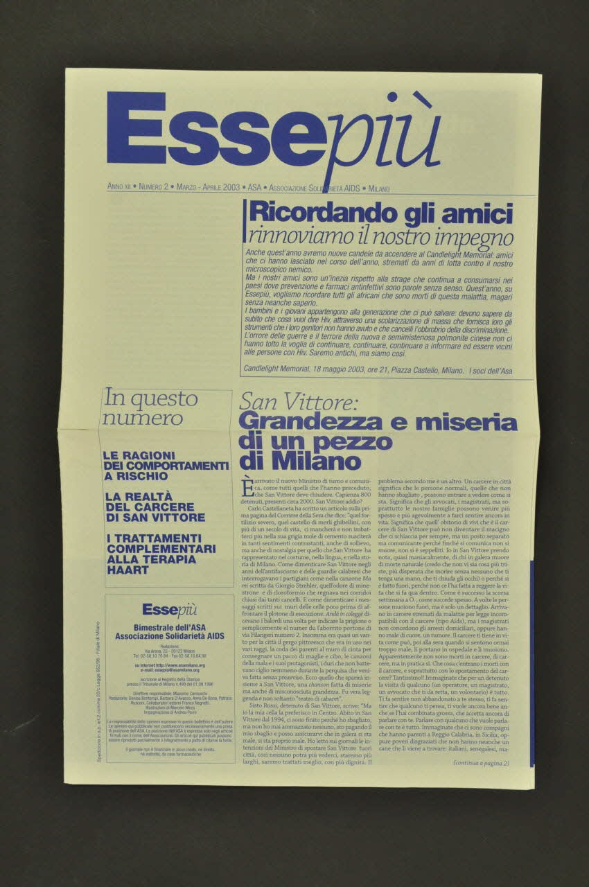Associazione Solidarieta Aids (ASA) - Milano revue "Ricordando gli amici,  rinnoviamo il nostro impegno" (Souvenons nous de nos amis, renouvelons notre engagement) Italie 2003/4 2003.98.74 Photo Mucem
