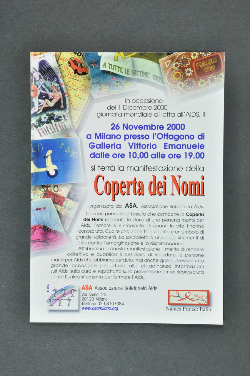 Associazione Solidarieta Aids (ASA) - Milano tract "26 Novembre 2000... Coperta dei Nomi" (Patchwork des noms) Italie 2000/11/26 2003.98.80 Photo Mucem