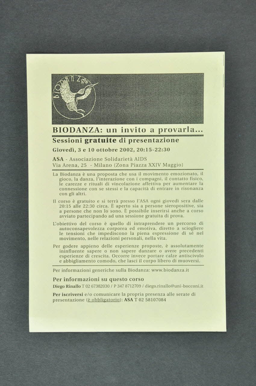 Associazione Solidarieta Aids (ASA) - Milano tract "Biodanza : un invito a provarla" (Bio danse. Une invitation à l'essayer) Italie 2002/10 2003.98.81 Photo Mucem