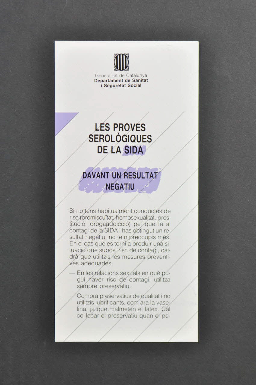 Generalitat De Catalunya, Departament de Sanitat i Assistència Social Fiche d'information "Les proves serologiques de la sida. Davant un resultat negatiu" (en catalan) (Le test sérologique du sida. Devant un résultat négatif) Espagne 1989 2004.55.27 Photo Mucem