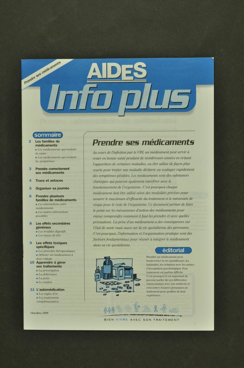 AIDES Revue associative "AIDES Info plus : Prendre ses médicaments" France 1999/10 2003.99.114 Photo Mucem
