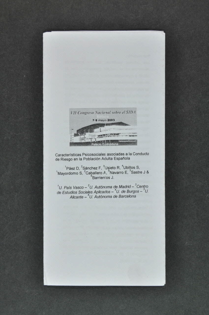Université Du Pays Basque Dépliant "Caracteristicas psicosociales asociadas a la conducta de riesgo en la poblacion adulta espanola" (Caractérisques  psychosociales associées à la conduite à risque dans la population adulte espagnole) Espagne 2003 2004.55.67 Photo Mucem