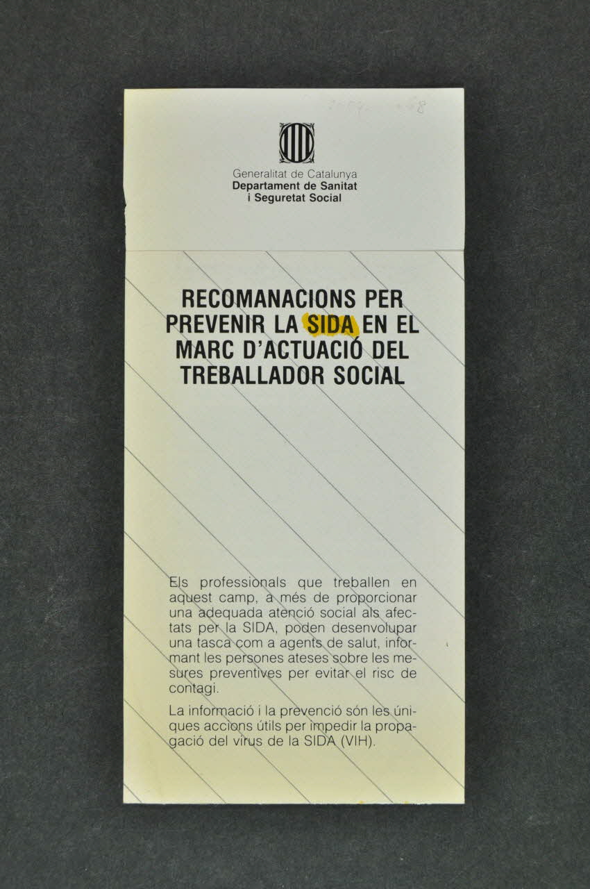 Généralité De Catalogne, Département De La Santé Dépliant "Recomanacions per prevenir la sida en el marc d'actuacion del treballador social" (Recommandations pour prévenir le sida dans les sphères d'action des travailleurs sociaux) Espagne 1987 2004.55.68 Photo Mucem