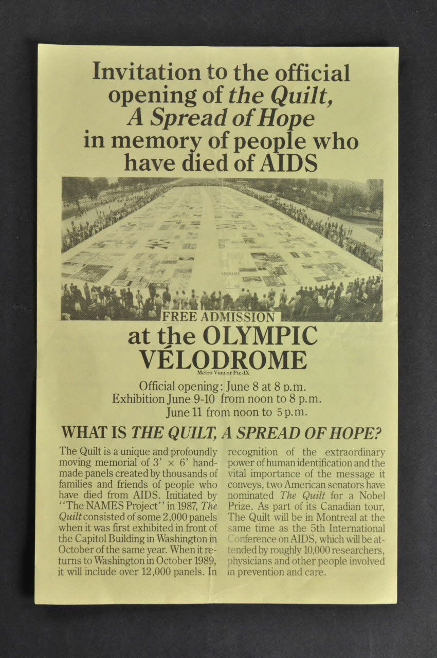 The Quilt tract "Invitation to the official opening of the Quilt, a spread of hope, in memory of people who have died of AIDS" (Invitation à l'ouverture officielle du Quilt, un élan d'espoir, en mémoire des personnes décédées du sida) Languedoc-Roussillon, Canada 1989 2004.55.83 Photo Mucem