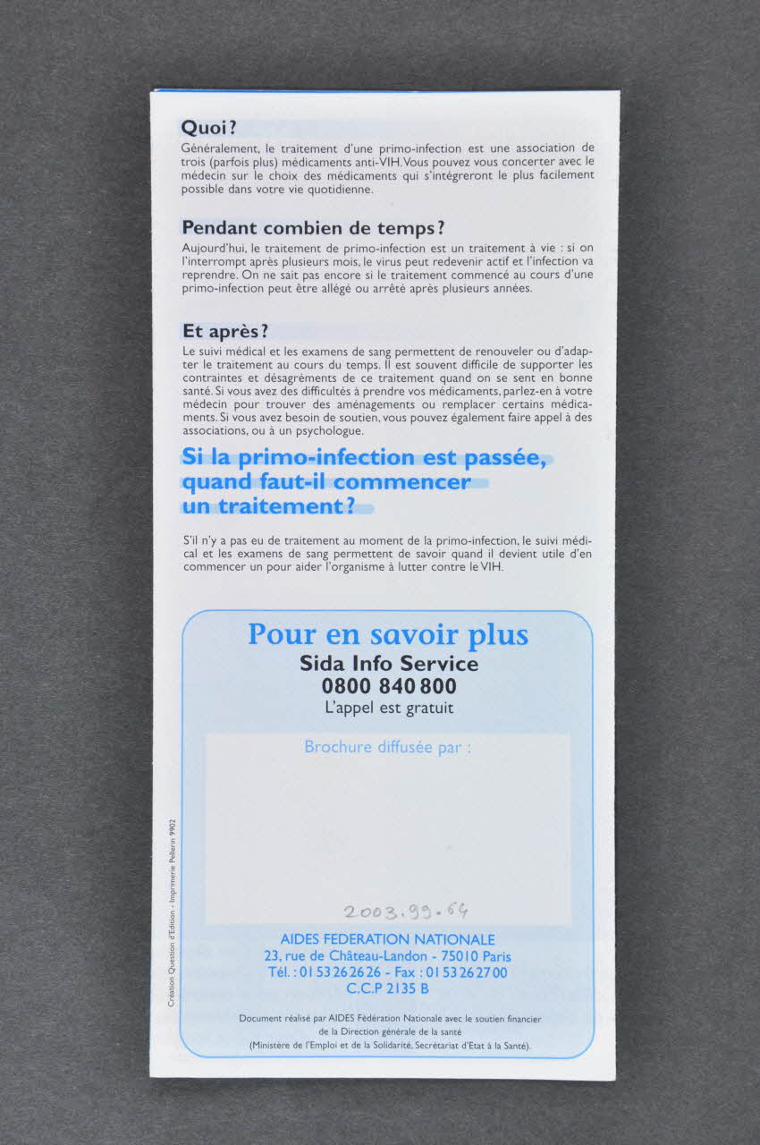 AIDES Dépliant "Contrôler une infection par le VIH dès la contamination" France 1999/12 2003.99.64 Photo Mucem