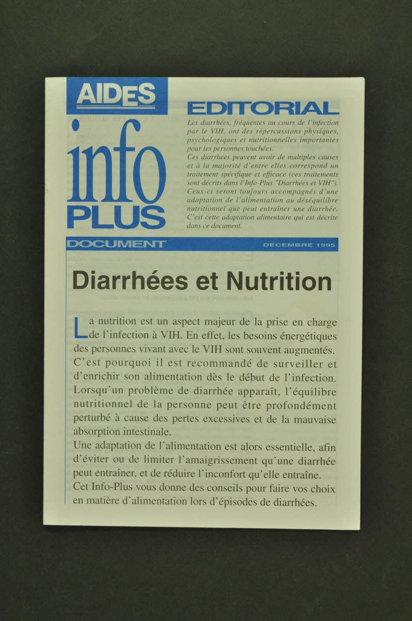 AIDES Revue associative "AIDES Info plus : Diarrhées et nutrition" France 1995/12 2003.99.74 Photo Mucem