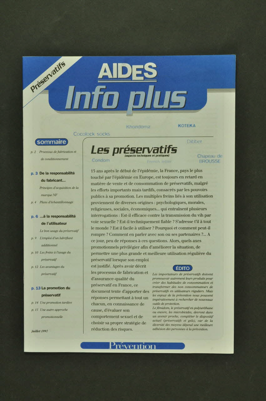 AIDES Revue associative "AIDES Info plus : Les préservatifs (aspects techniques et pratiques)" France 1997/6 2003.99.75 Photo Mucem
