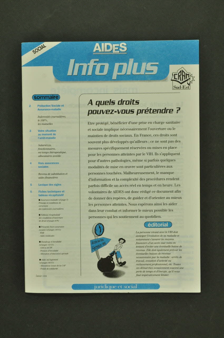 AIDES Revue associative "AIDES Info plus : A quels droits pouvez-vous prétendre?" France 1998/1 2003.99.76 Photo Mucem