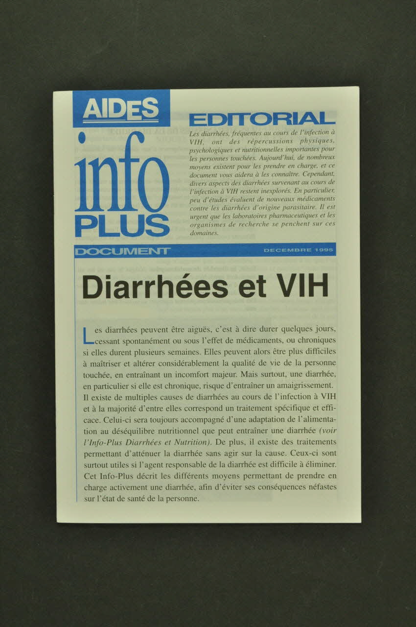 AIDES Revue associative "AIDES Info plus : Diarrhées et VIH France 1995/12 2003.99.79 Photo Mucem