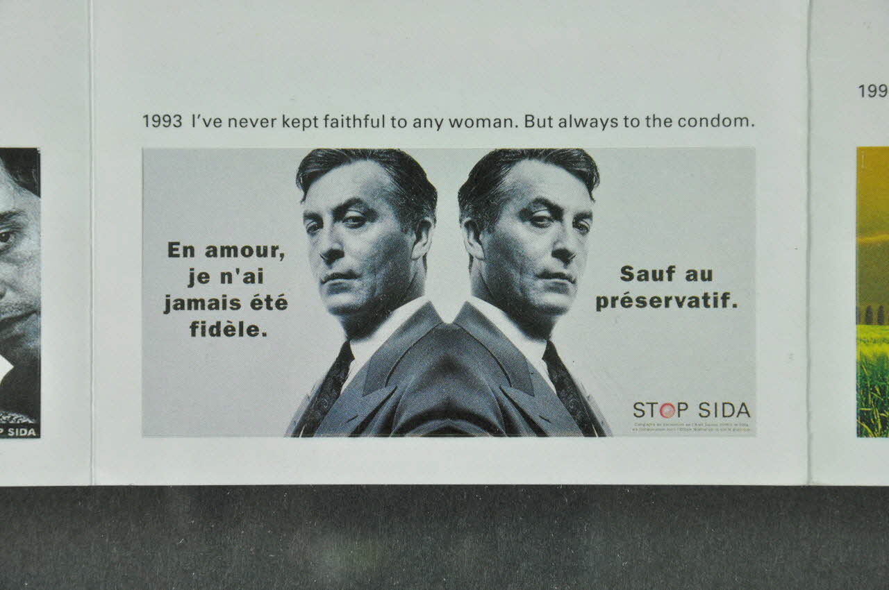 Aide Suisse Contre Le Sida (Ass) autocollant "En amour je n'ai jamais été fidèle. Sauf au préservatif." (Dépliant : "Swiss AIDS prevention programme") Lorraine, France 1993 2004.56.17 Photo Mucem