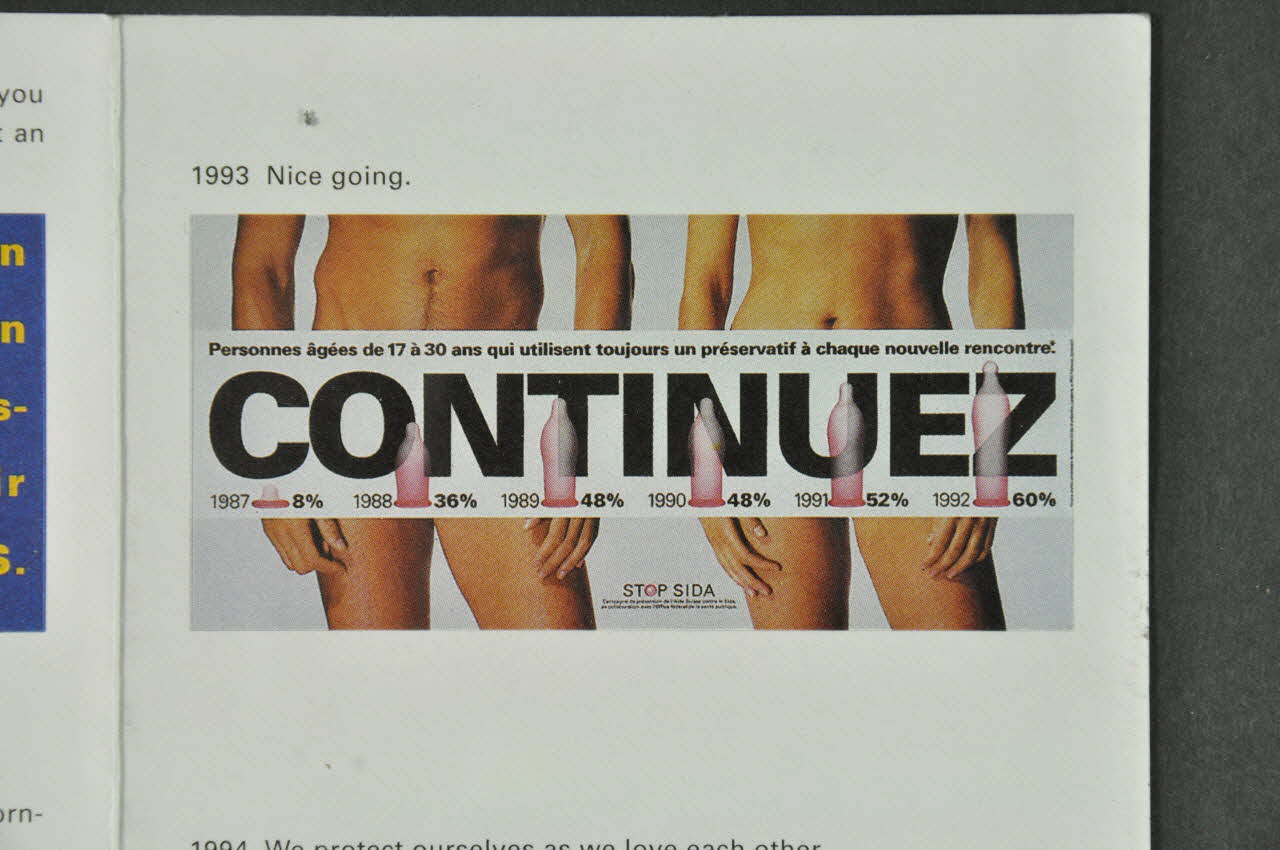 Aide Suisse Contre Le Sida (Ass) autocollant "Continuez." (Dépliant : "Swiss AIDS prevention programme") Lorraine, France 1993 2004.56.18 Photo Mucem