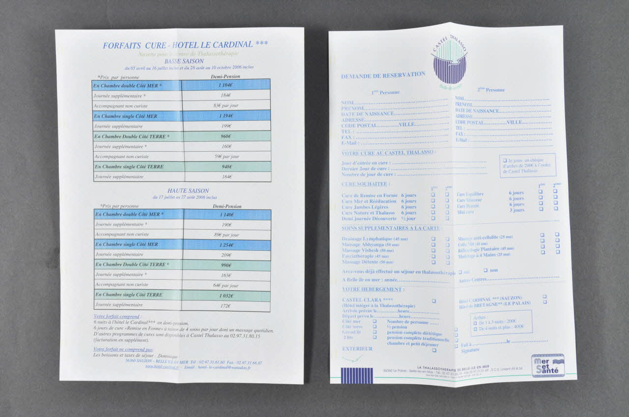 BROCHURE Brochure, feuillet publicitaire et fiche d'inscription pour un centre de thalassothérapie 2006.155.6.1-4  Photo Mucem