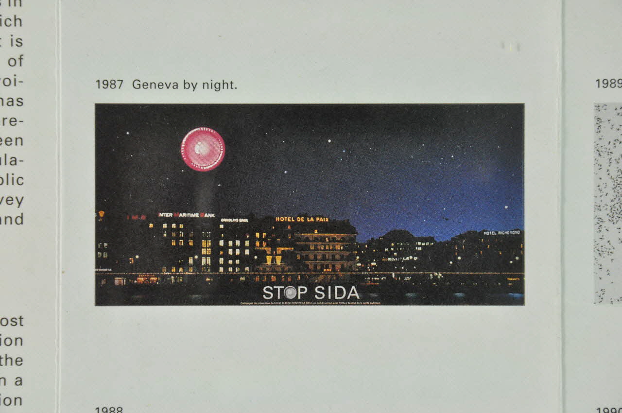 Aide Suisse Contre Le Sida (Ass) autocollant "Geneva by night" (Dépliant : "Swiss AIDS prevention programme") Lorraine, France 1987 2004.56.7 Photo Mucem