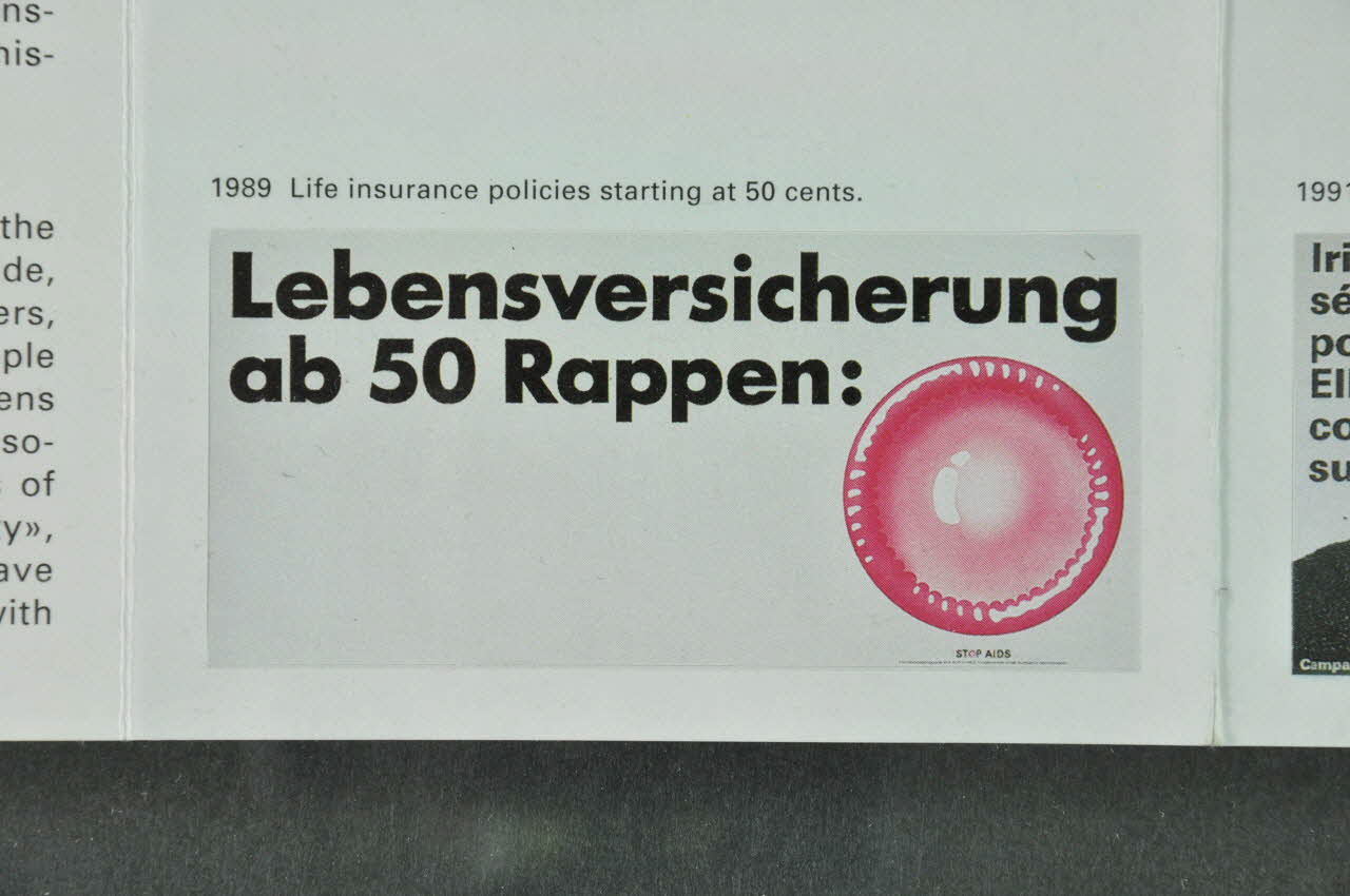 Aide Suisse Contre Le Sida (Ass) autocollant "Lebensversicherung ab 50 Rappen" (Dépliant : "Swiss AIDS prevention programme") (Polices d'assurance sur la vie commençant à 50 cents) Lorraine, France 1989 2004.56.9 Photo Mucem